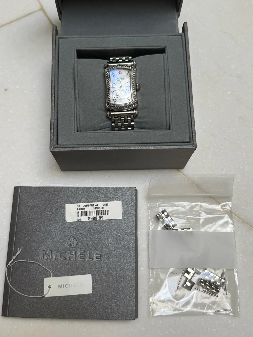 NEW Michele Caber Park embellished silver watch